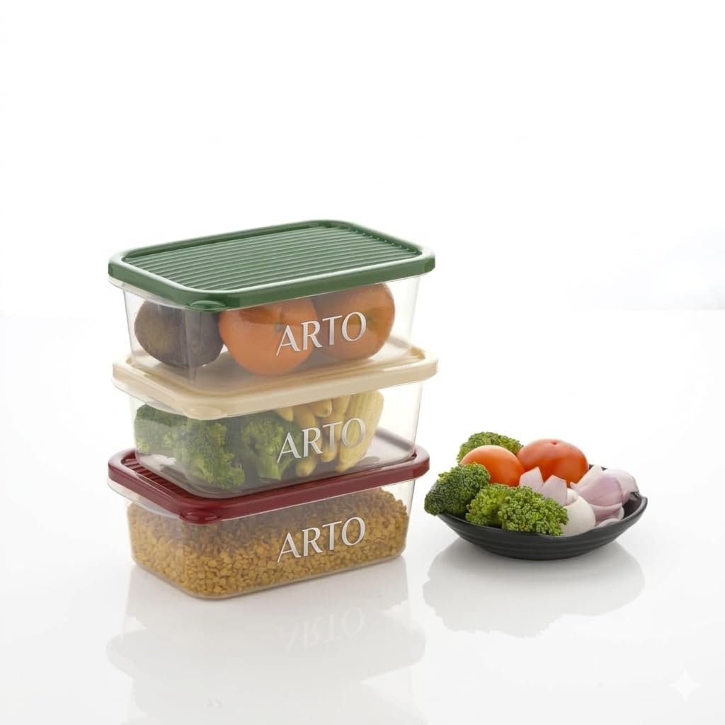 Arto Food Storage Containers Set of 3, 1100ml Airtight & Leak Proof Transparent Fridge Organizer with Coloured Lids – Stackable, Food Grade Plastic for Kitchen, Pantry, Cereals & Vegetables