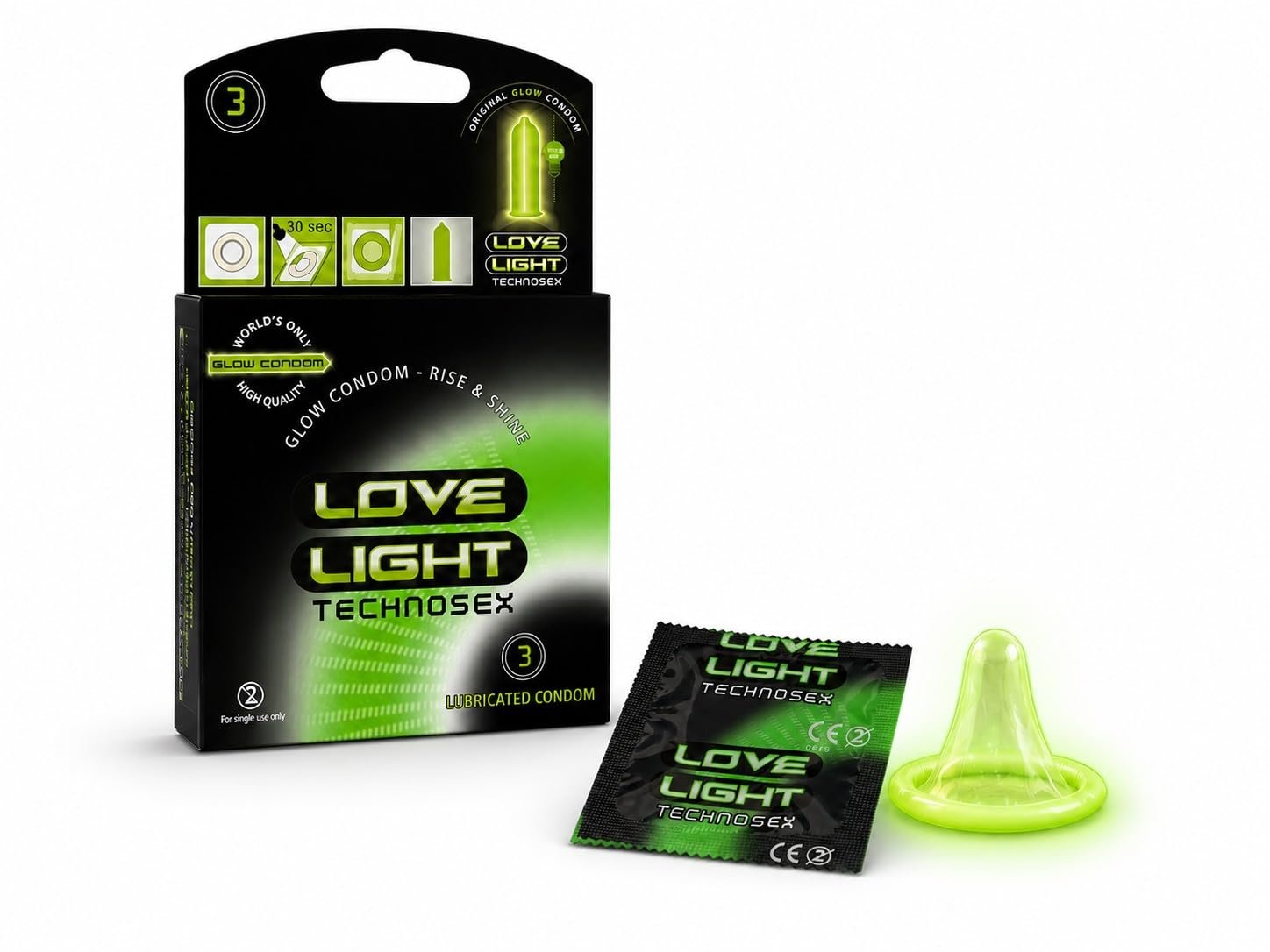 Love Light Glow Condom 3 Pcs Pack - Natural Rubber Latex - Lubricated with Reservoir Tip - Phosphorescent - Smooth Surfaced - International Quality ISO 4074