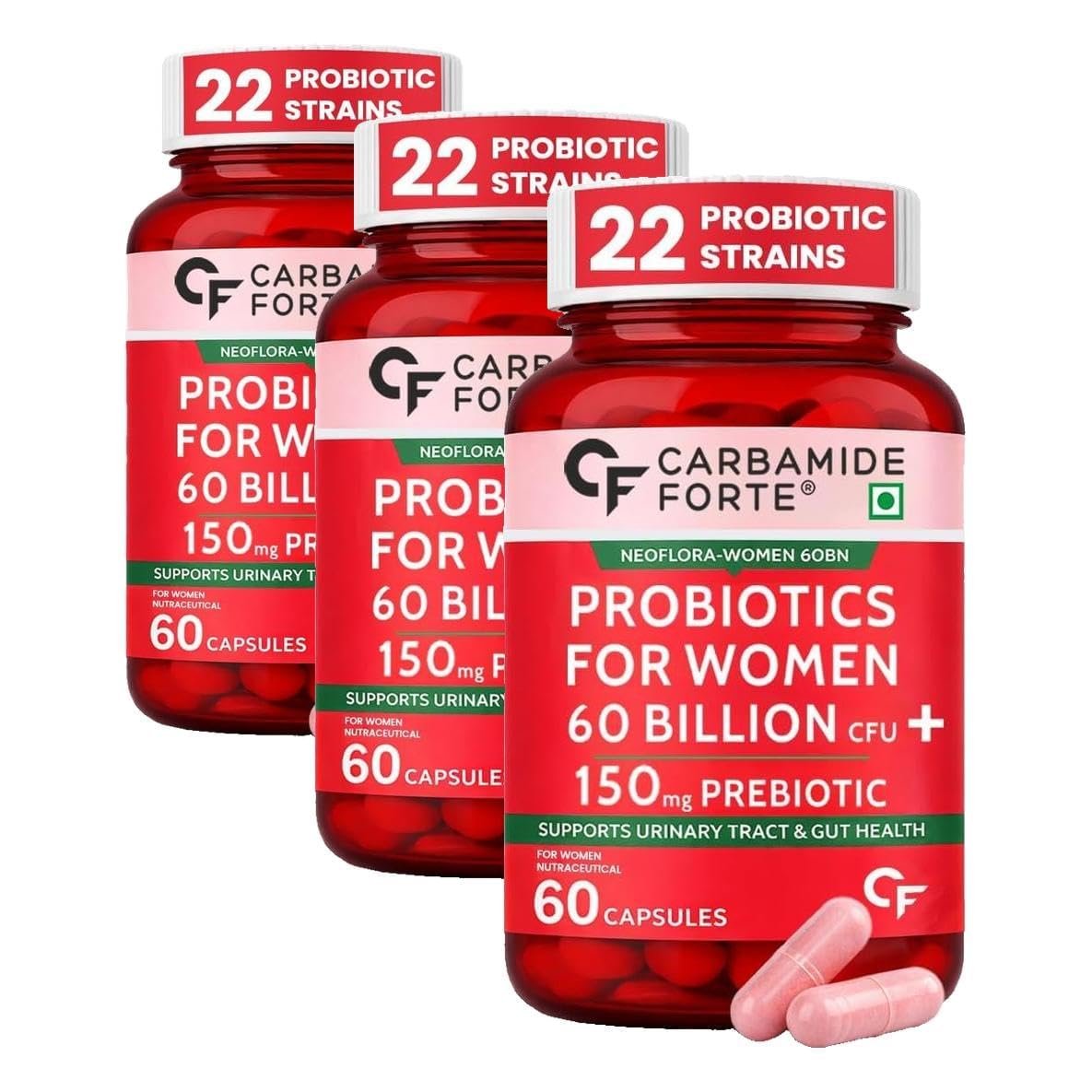 Carbamide Forte Women’s Probiotics Supplement 60 Billion CFU | Vaginal Probiotics & Gut Health Supplements with Cranberry Extract | 60 Veg Capsules (Pack of 3)