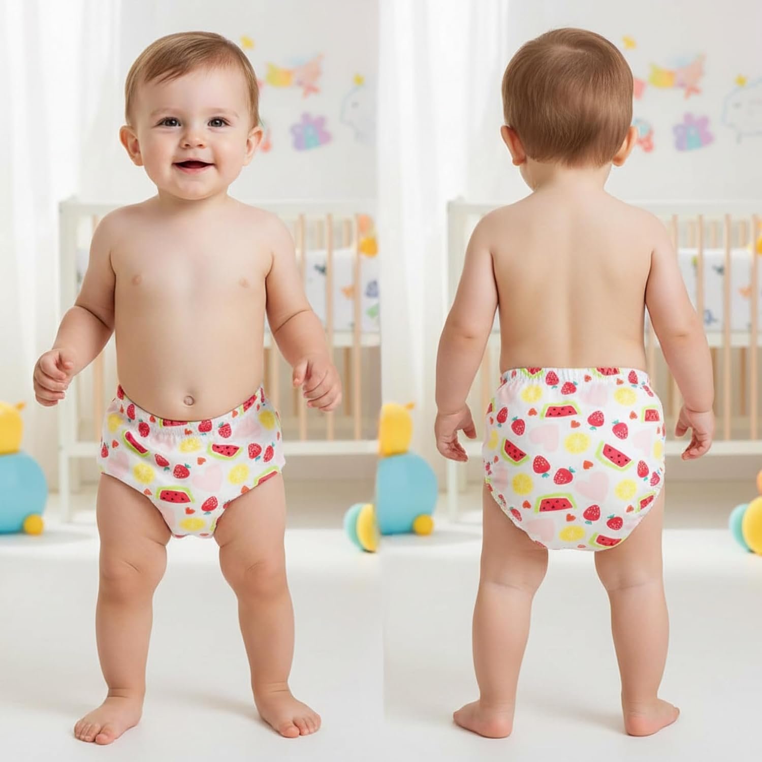 Bembika Baby Training Pant Soft Cotton Reusable Potty Training Pants For Kids Leak-Resistant, Padded Underwear For Babies To Support Diaper Free Transition (L Size For 18-24 Months Watermelon Theme)