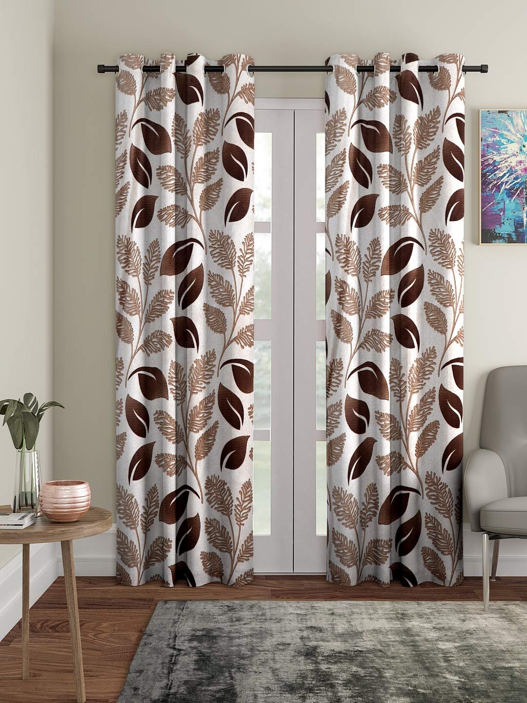Cortina 2 Piece Floral Design Panel Eyelet Polyester Door Curtains - 7 Feet, Brown | Light-Filtering