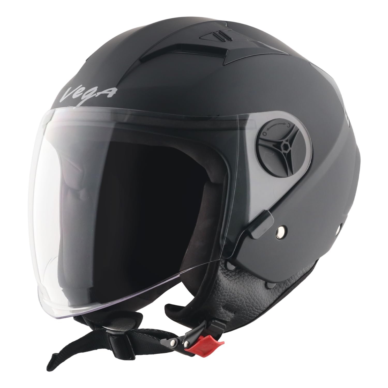 Vega VO-05 Clark ISI Certified Open Face Motorcycle Helmet with High-Impact ABS Shell, Scratch-Resistant Visor, Comfortable Breathable Inner Padding & Secure Strap – Dull Black - M