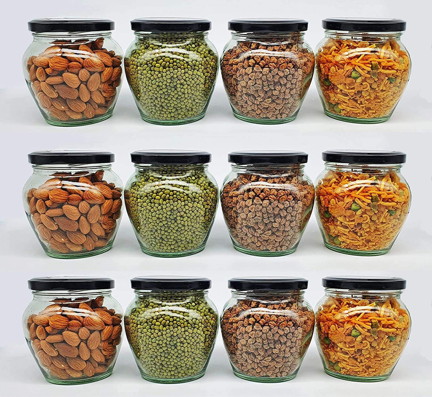 SITOVI Transparent Glass Jar and Container Air Tight Black Lid for Kitchen 400 ml Mataki Glass Jar with Airtight Metal Lid Pack of (12)
