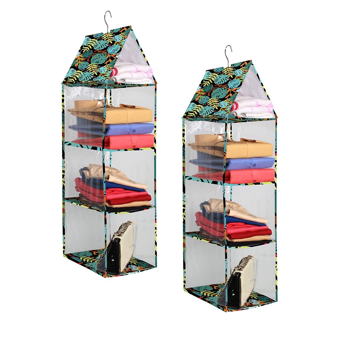 PrettyKrafts Hanging Rack 3 Blocks, Side Clear Storage Racks, Dormitory Closet for Students, Wardrobe Shelves, Hanging Organiser, Storage Holders & Racks Clear_Green Leaves, Pack of 2