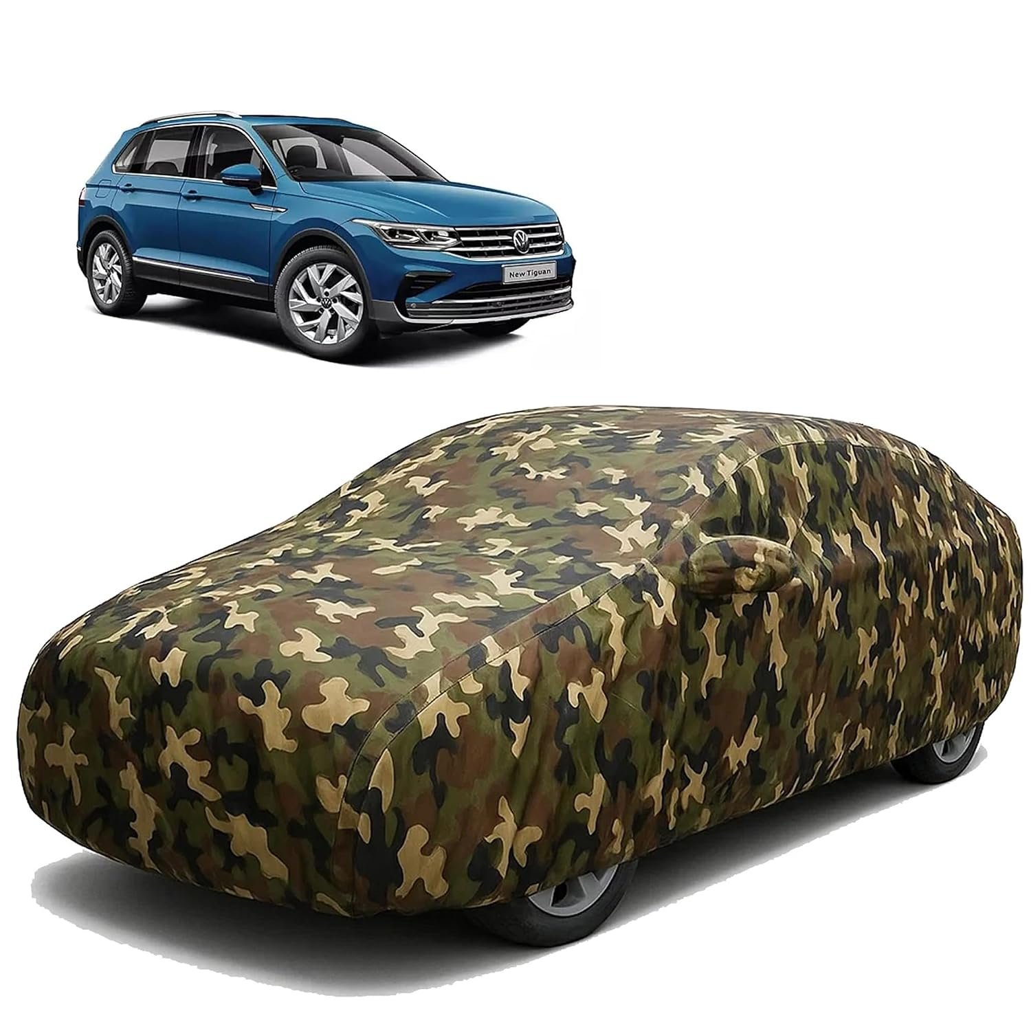 Sulfar 100% Waterproof Car Body Cover Compatible with Mirror for Volkswagen Tiguan with Long Lasting Durable Material (Triple Stitched, Full Bottom Elastic, Camouflage Army)