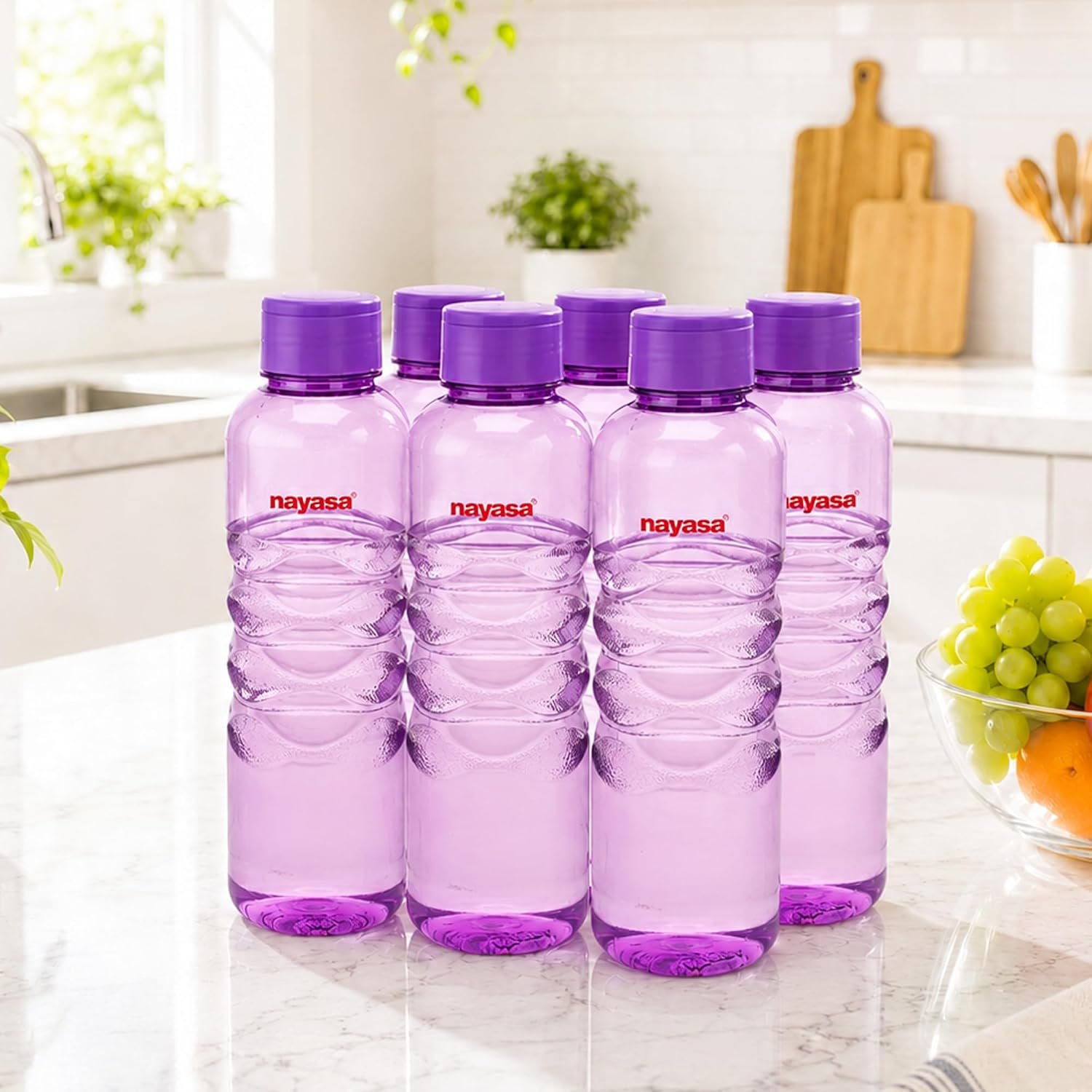 Nayasa Revello 1000 ML Pet Plastic Fridge Water Bottles Set of 6 | BPA Free | Leak Proof | Airtight Lid | Purple