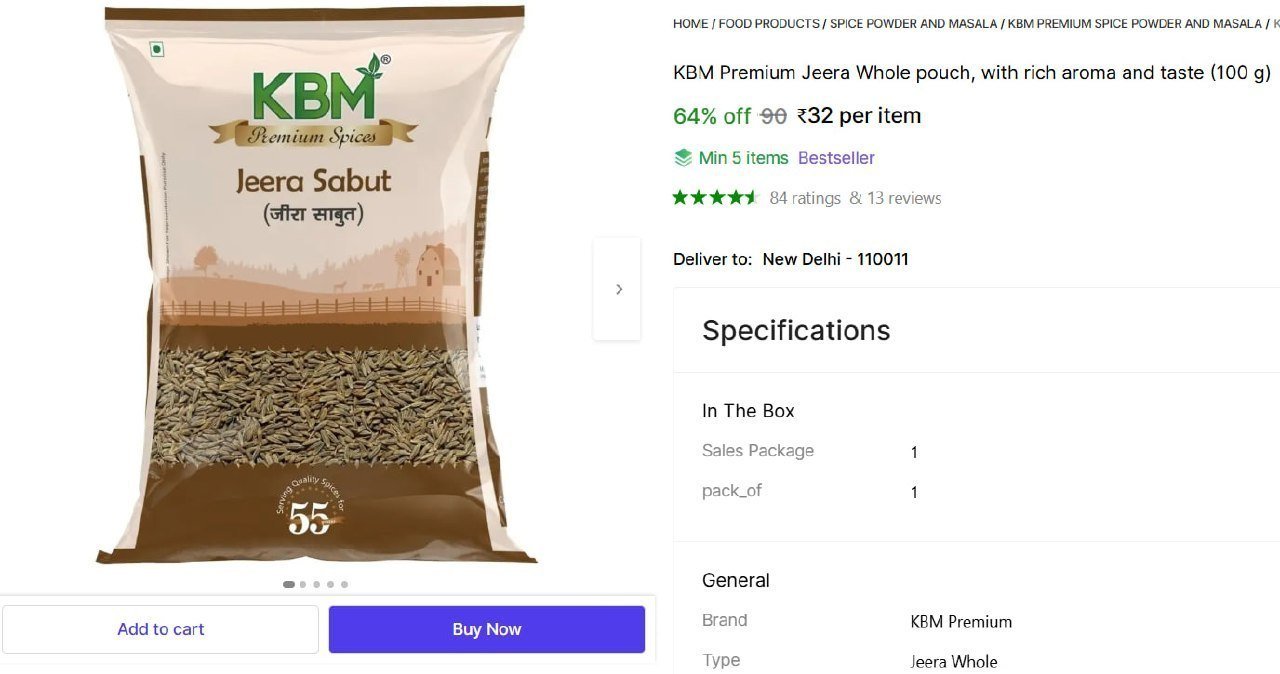 kbm premium jeera whole pouch rich aroma taste