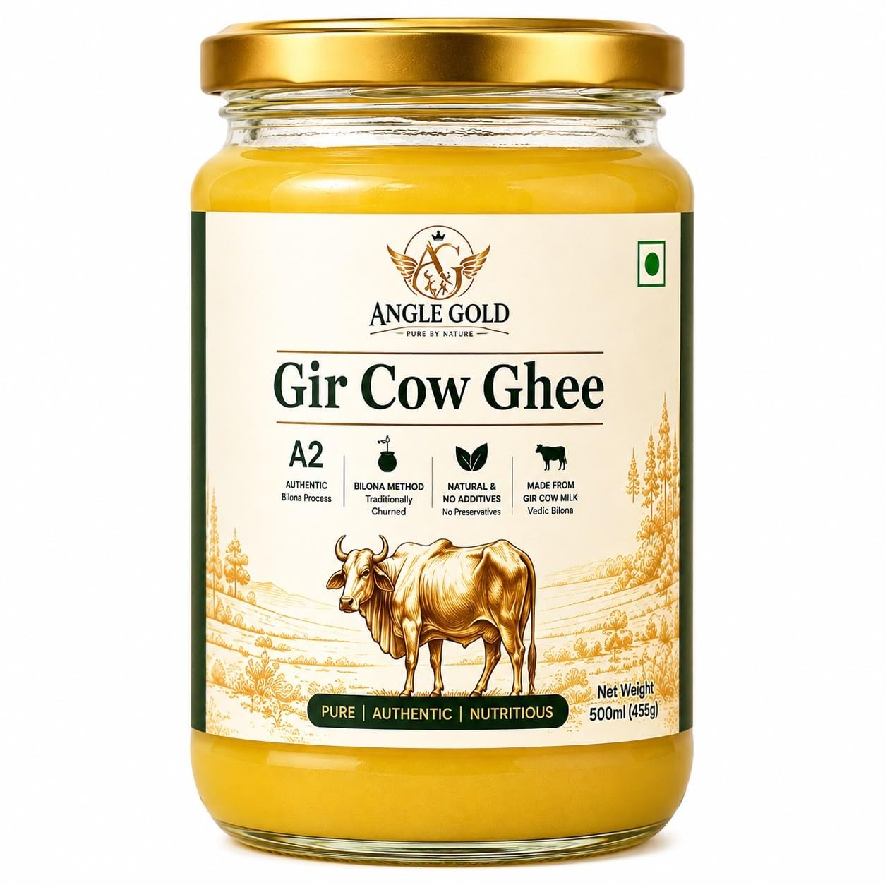 ANGLE GOLD - A2 ORGANIC GHEE - SHREE FOOD A2 Gir Cow Ghee, Organic, Bilona Method, 500ml