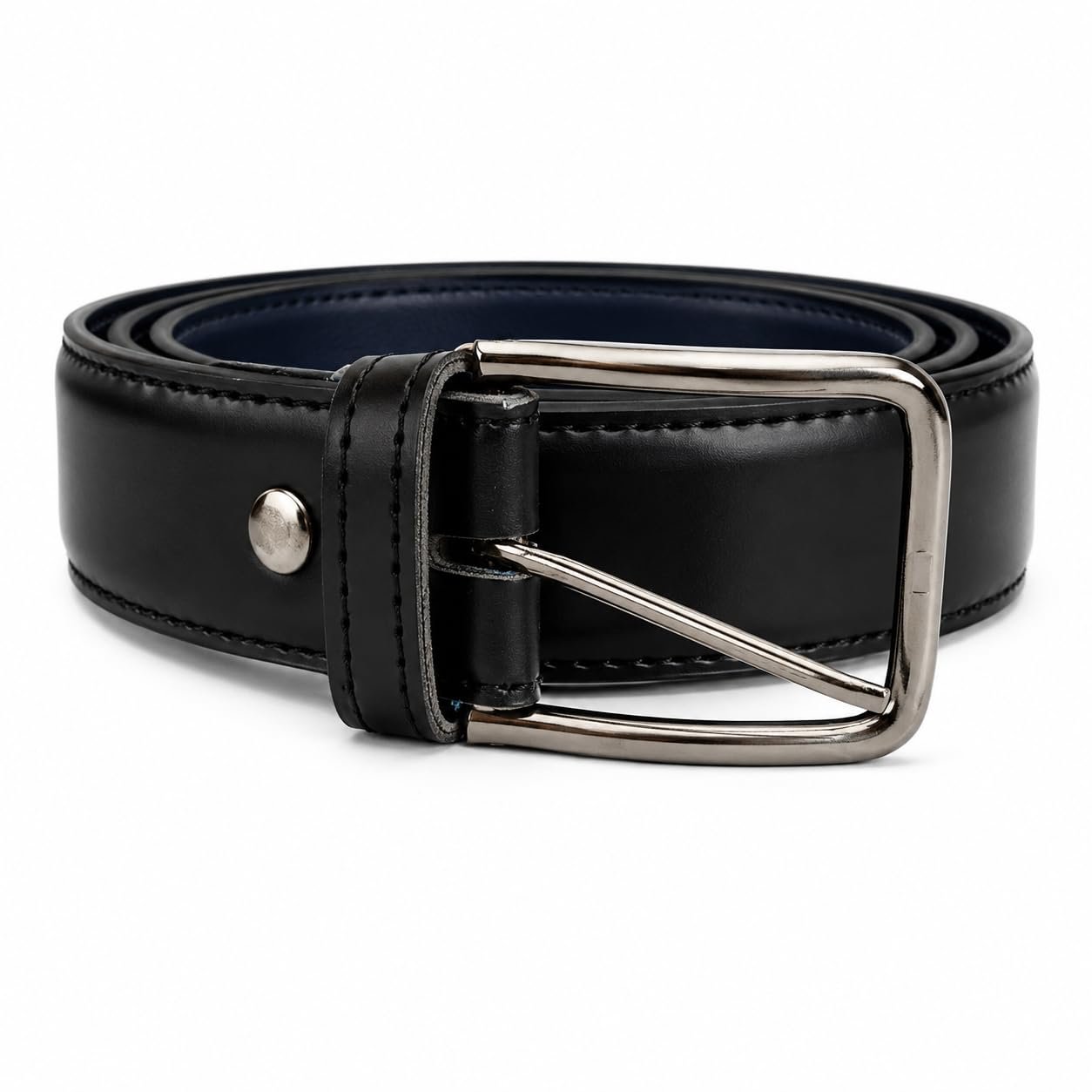 Men's Leather Belt, Black with Silver-Tone Buckle