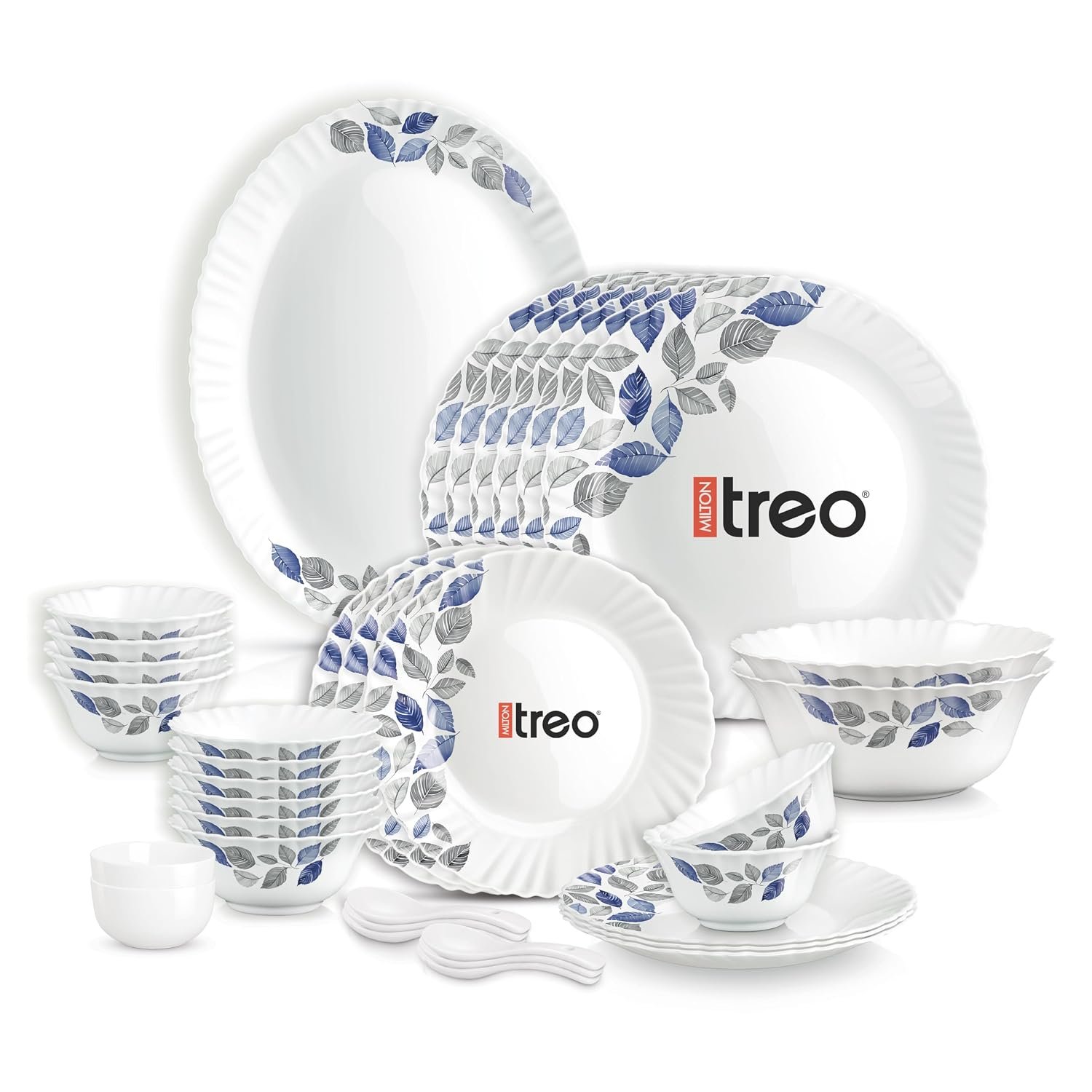 Treo by Milton Opalware Aurelia Lunis Dinner Set of 35 | Serving for 6 | Microwave & Dishwasher Safe | Bone-Ash Free | Tempered Toughness | Plates, Bowls, Spoons | Crockery Set for Dining & Gi