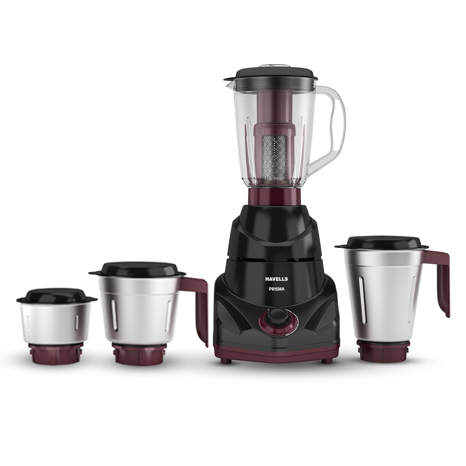 Havells Prisma 750 W 4 Jar Mixer Grinder| 3 Speed With Pulse Function| Air Vent Technology| Stainless Steel Blades| Wider Mouth Jars| Overload Protecton| 2-Year Product Warranty (Black)