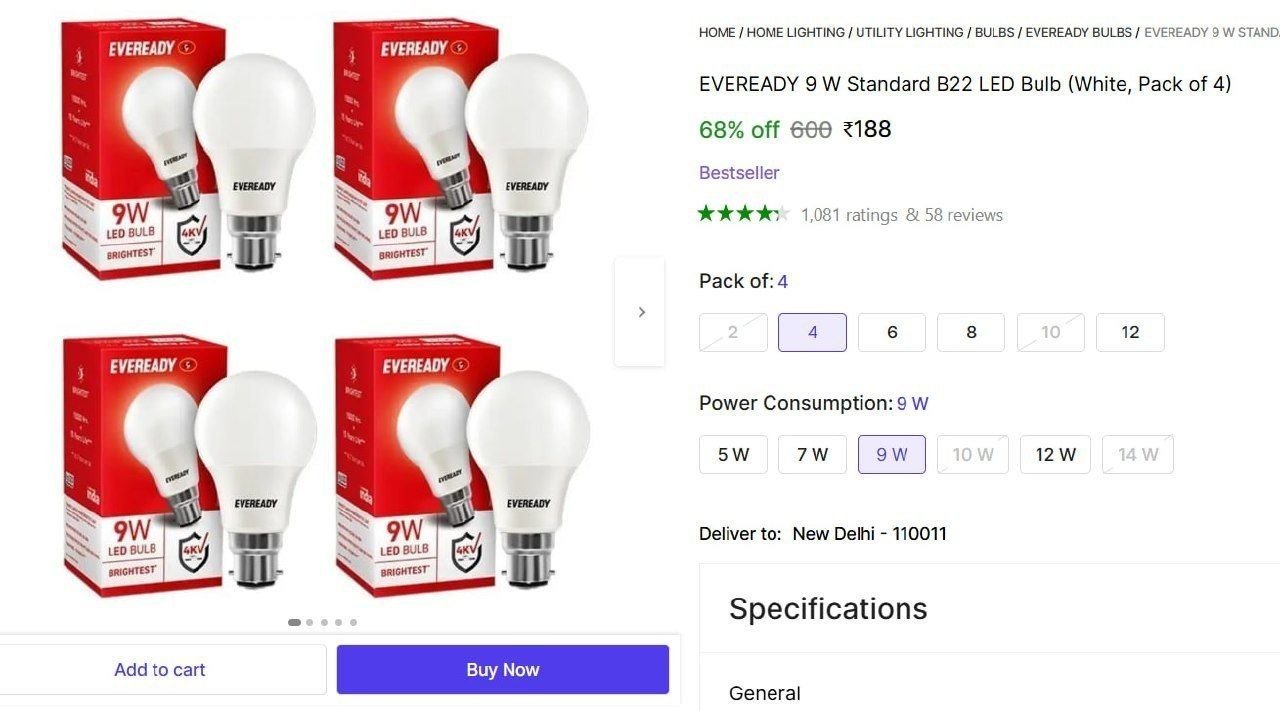 eveready 9 w standard b22 led bulb