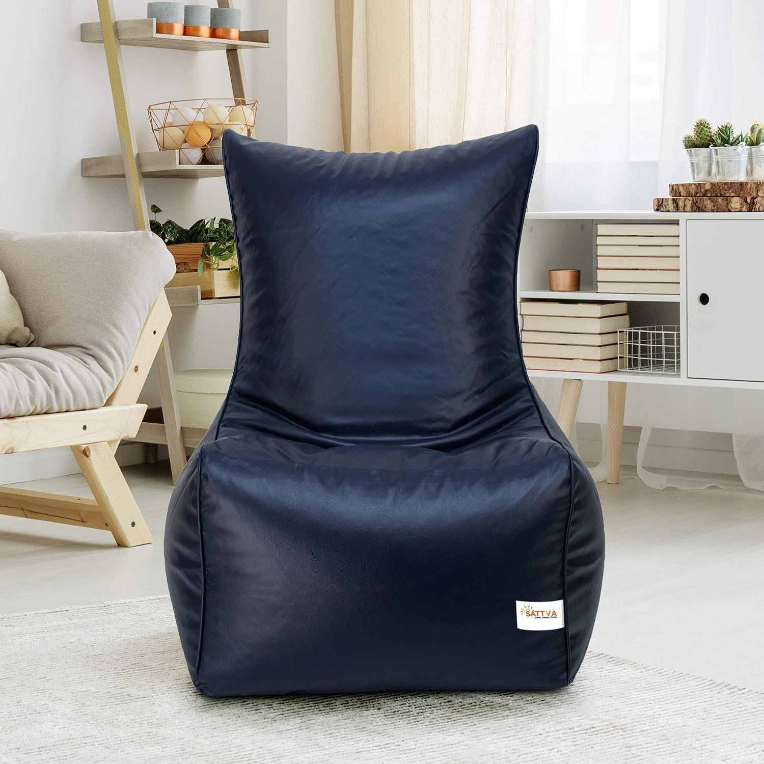 SATTVA XXXL Chair Style Bean Bag Filled with Beans | Faux Leather Bean Bag Chair for Adults & Teens | Pre-Filled Comfortable Seating for Home, Living Room, Bedroom, Gaming & Office – Navy Blue