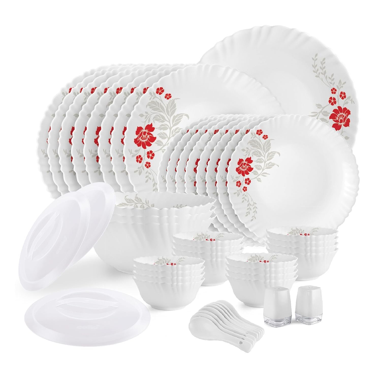 CELLO Scarlet Bliss Dazzle Series Opalware Dinner Set of 49 Pieces for Family of 6 | Bone-Ash Free & Leadfree Opal Glass, Microwave & Dishwasher Safe, Plates & Bowls Crockery Set for Dinin