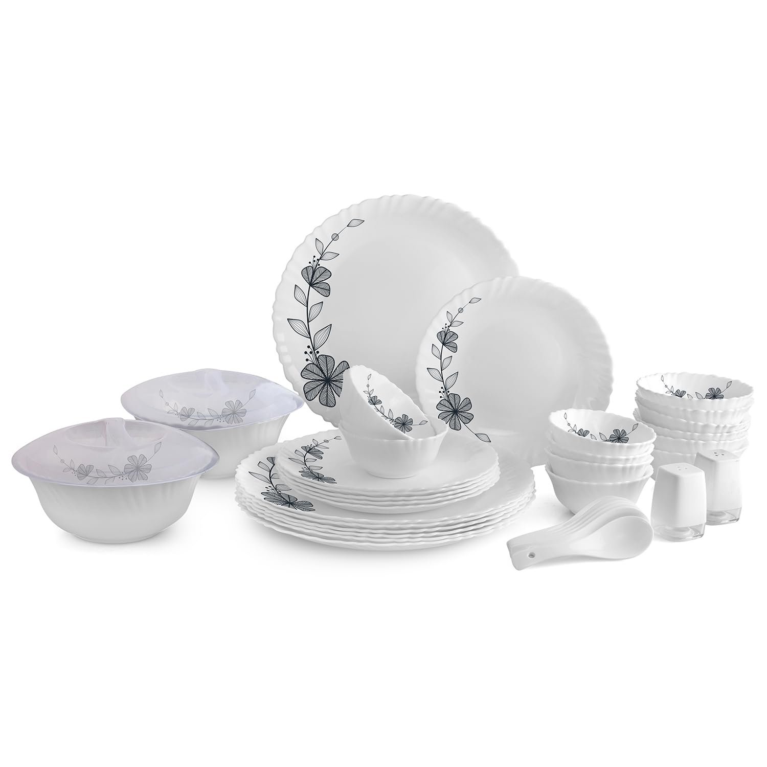 Cello Opalware Dazzle Series Florid Vine Dinner Set | Microwave & Dishwasher Safe | Light-Weight & Thermal Resistant | Crockery Set for Dining & Gifting | Set of 37, White