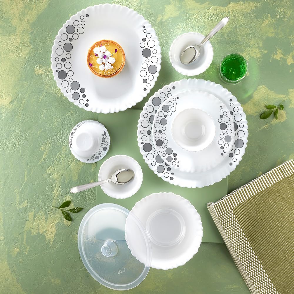 Larah by Borosil Silk Series Luna Opalware Dinner Set with Steel Spoon | 55 Pcs for Family of 8 | Microwave & Dishwasher Safe | Bone-Ash Free | Crockery Set for Dining & Gifting | Plates &