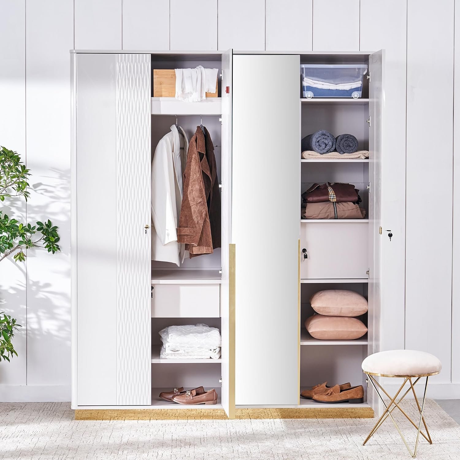 Home Centre | Vegas 4-Door Wardrobe with Mirror and Drawers | Full Length Mirror for Home | Engineered Wood | Grey | 1 Year Warranty