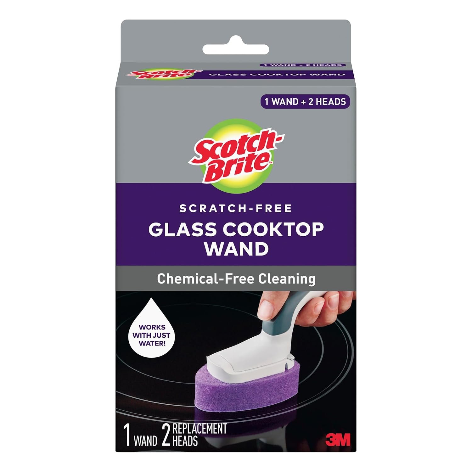Scotch-Brite (950-CT-W) Glass Cooktop Refill Pads, Cleans with Just Water, Tackle Burnt-On Messes, 1 Wand and 2 Replacement Heads