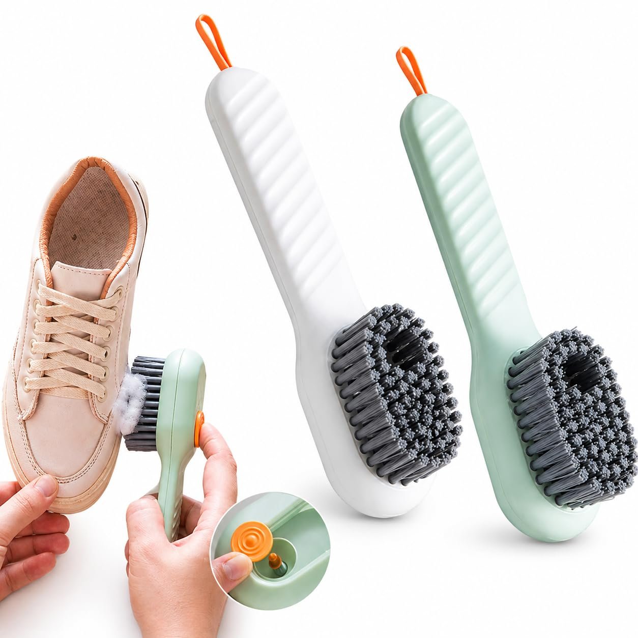 Multifunctional 2-in-1 Liquid Shoe Cleaning Brush with Built-in Soap Dispenser | Press-Type Liquid Box | Long Handle Shoe Cleaner Brush with Refillable Liquid | Durable Plastic | Pack of 1