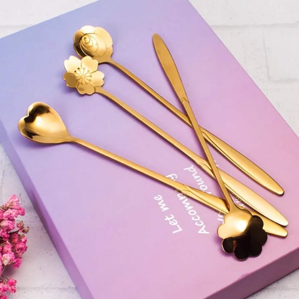 Stainless Steel Gold Coffee Spoon Set, Dessert Spoons with Flower and Heart Shapes, 24 Centimeter, Set of 4