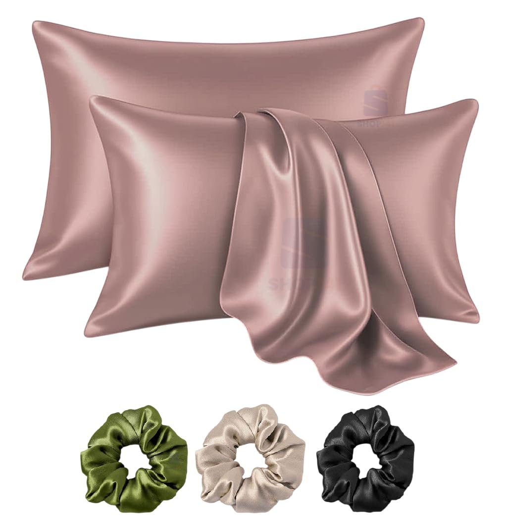 Satin Silk Pillow Cover for Hair and Skin 2 Piece with 3 Piece Satin Silk Scrunchies Free Solid Pillow Covers with Envelope Closure (Rose Taupe)