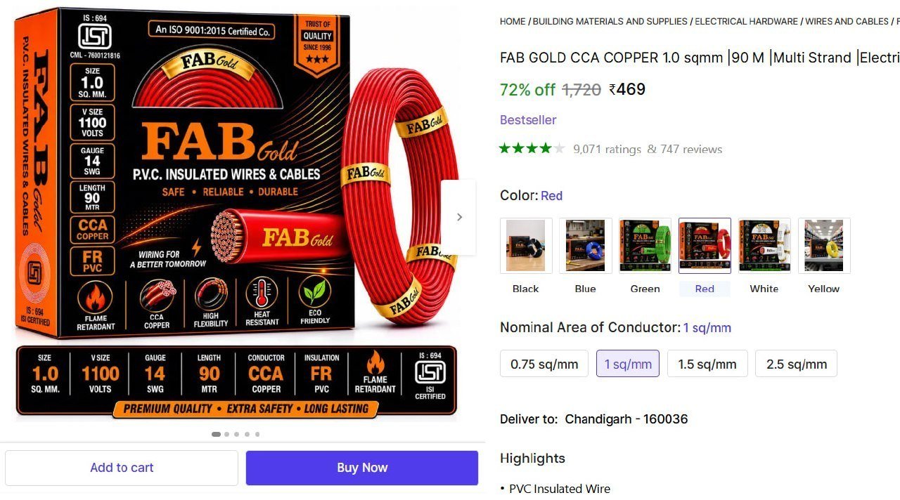 fab gold cca copper 1 0 sqmm 90 m multi strand electrical wire cable premium quality 1 sq mm red 300