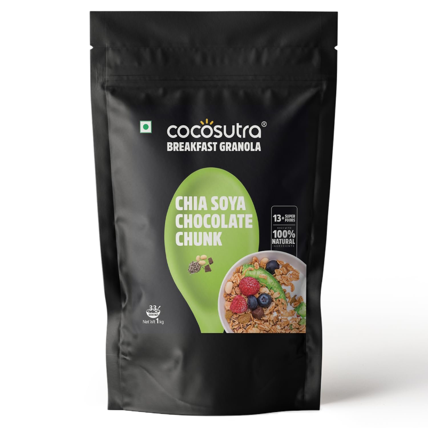 COCOSUTRA Chia Soya Chocolate Chunk Breakfast Granola 1 kg | With Natural & Gluten Free ingredients| High Protein Cereal with Oats, Nuts, Seeds and Dry Fruits | Lightly sweetened with Jaggery