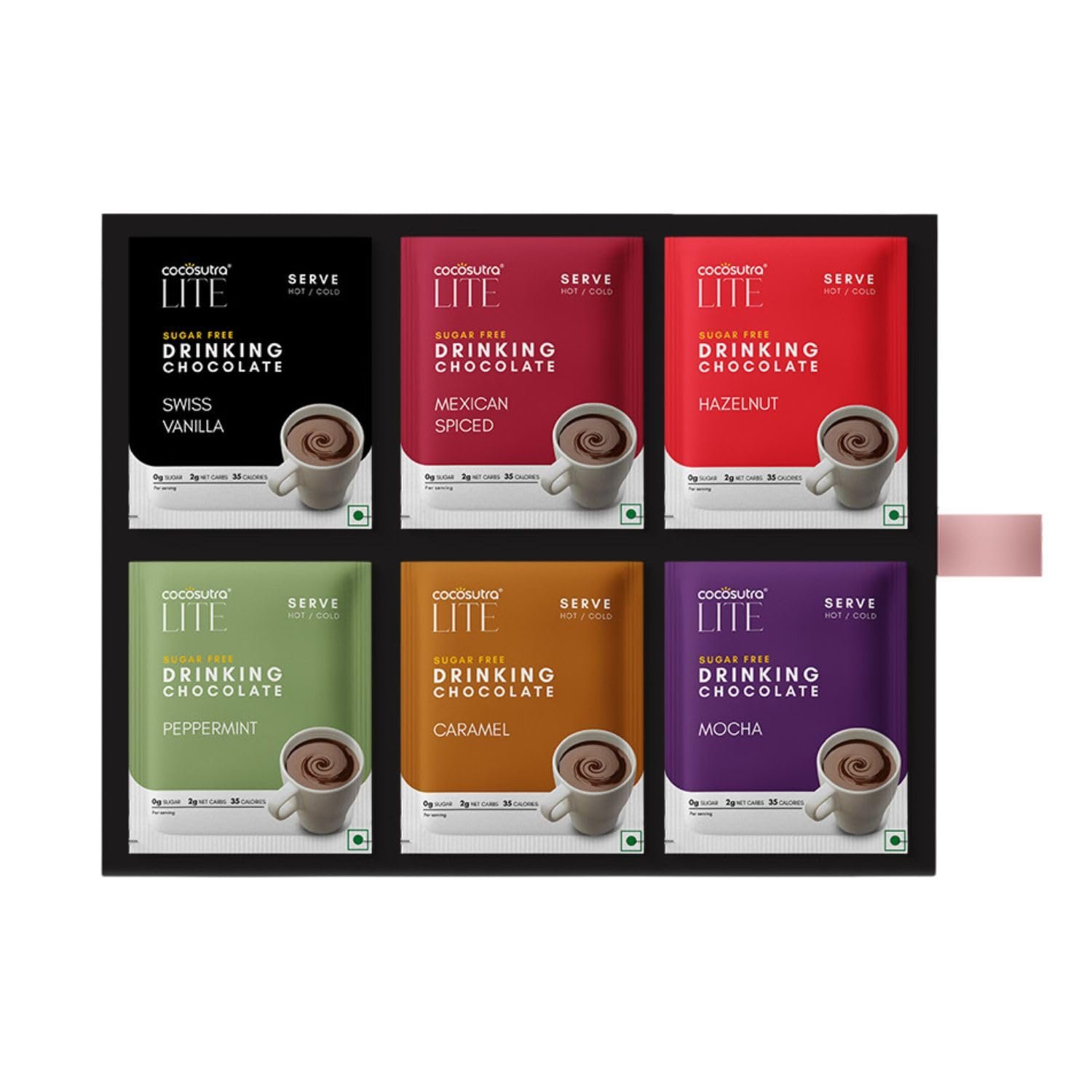 COCOSUTRA Sugar-Free Drinking Chocolate Mix | 18 Single-Serve Sachets (20g Each) | 3 Sachets Each Flavour | Swiss Vanilla, Mocha, Caramel, Hazelnut, Mexican Spiced & Peppermint | Zero Sugar | Low 