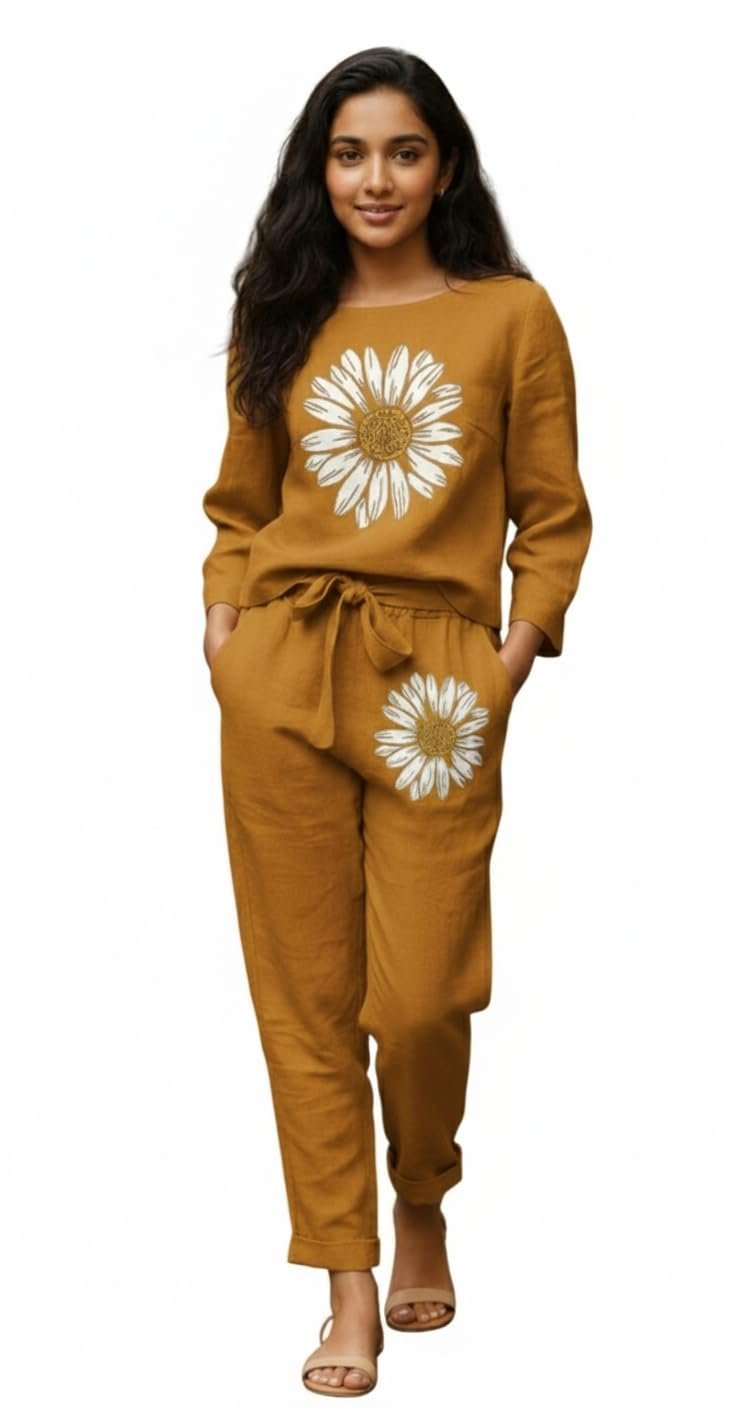 White Button new Girls sunflower Daisy Print Flax Cotton Co-ord Set - Breathable Summer 2-Piece Outfit