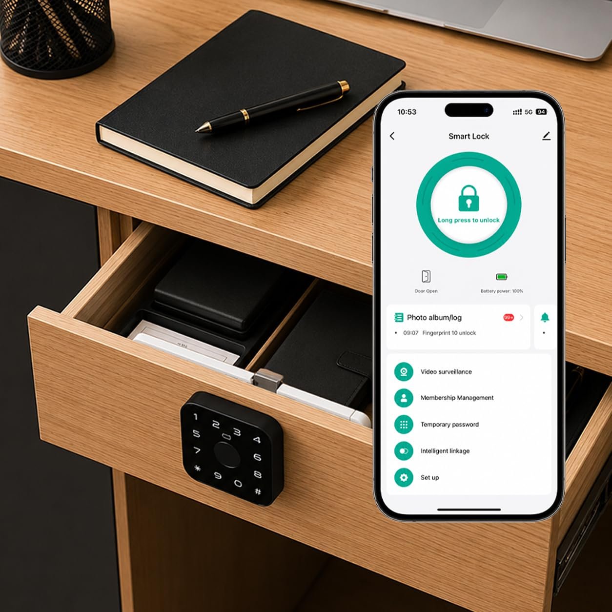 AERYS Smart Cabinet Lock with Fingerprint, RFID Card, PIN & App Control | Bluetooth Wardrobe Lock for Wooden Drawer, Cupboard, Office Cabinet (1 Year Warranty)