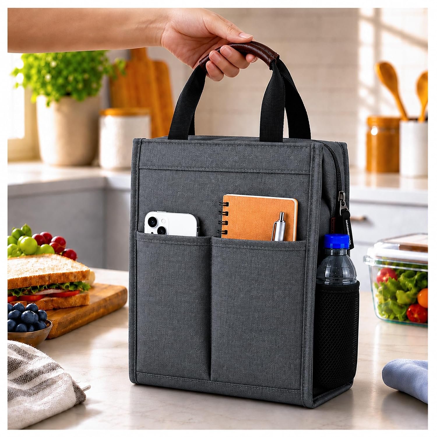Eightiz Thermal Insulated Lunch Bag for Women & Men Waterproof Soft Cooler Tote Leakproof Reusable Lunch Box Bag with Storage Pocket Ideal for Office, Travel, Picnic (Grey)