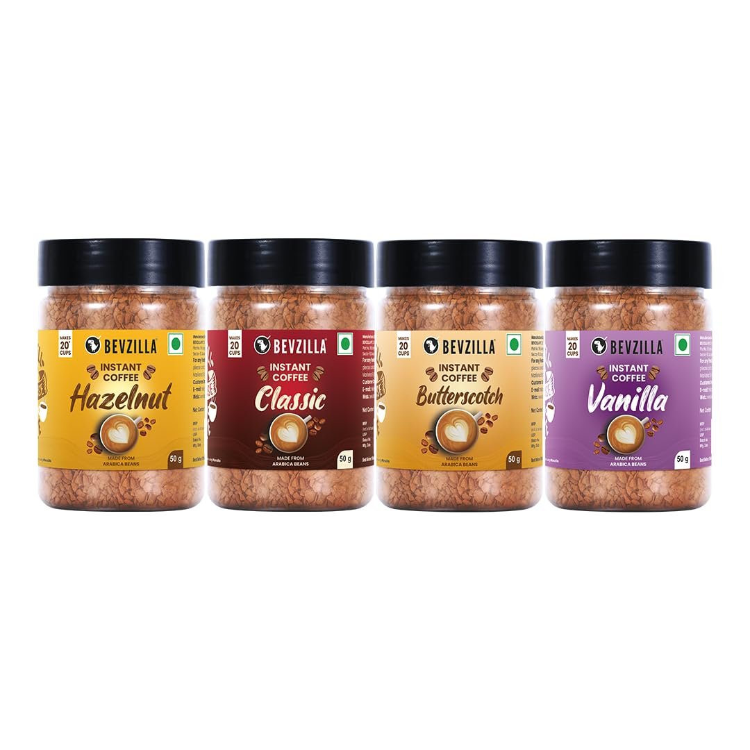 Bevzilla 50 Grams X 4 Flavoured Instant Coffee Powder Pack Box of Colombian Gold, Hazelnut, Vanilla & Butterscotch | Arabica Beans|Perfect for espresso, latte & cappuccino| Enjoy Hot & Col