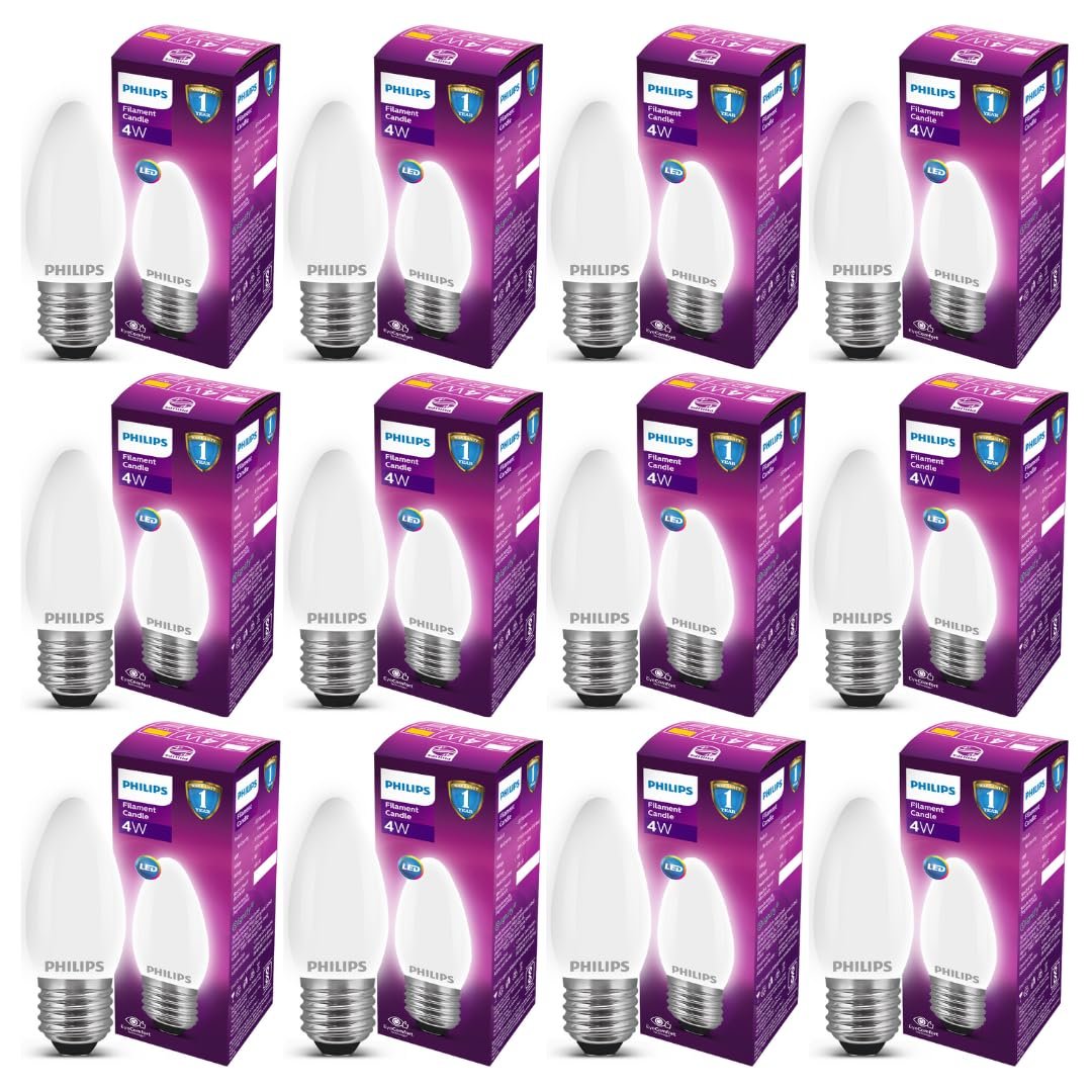 PHILIPS 4 Watt 400-Lumen LED Frosted Candle E27 Base (Cool White, Pack of 12) - Decorative, Ambience for Chandeliers, Wall Lights, Desk Lamps, Floor Lamps