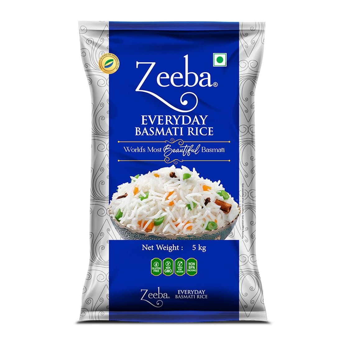 Zeeba Everyday Basmati Rice 5 Kg, Perfect for Everyday Cooking (Cooked length upto 14mm*)