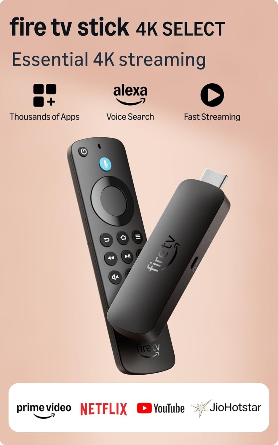 Amazon Fire TV Stick 4K Select (newest model), start streaming in 4K, Alexa voice search, stream lakhs of movies & episodes, free and live TV