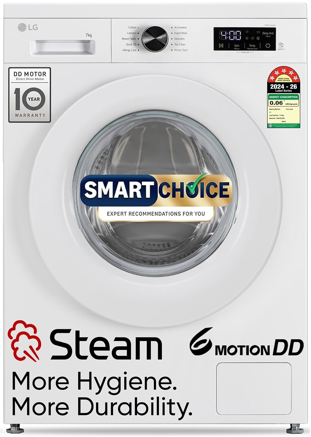 LG Smart Choice, 7 Kg, 5 Star, Steam, Inverter Direct Drive Technology, 6 Motion DD, Fully-Automatic Front Load Washing Machine (FHB1207Z2W, Remove Allergens & Stain, In-Built Heater, Essence Whit