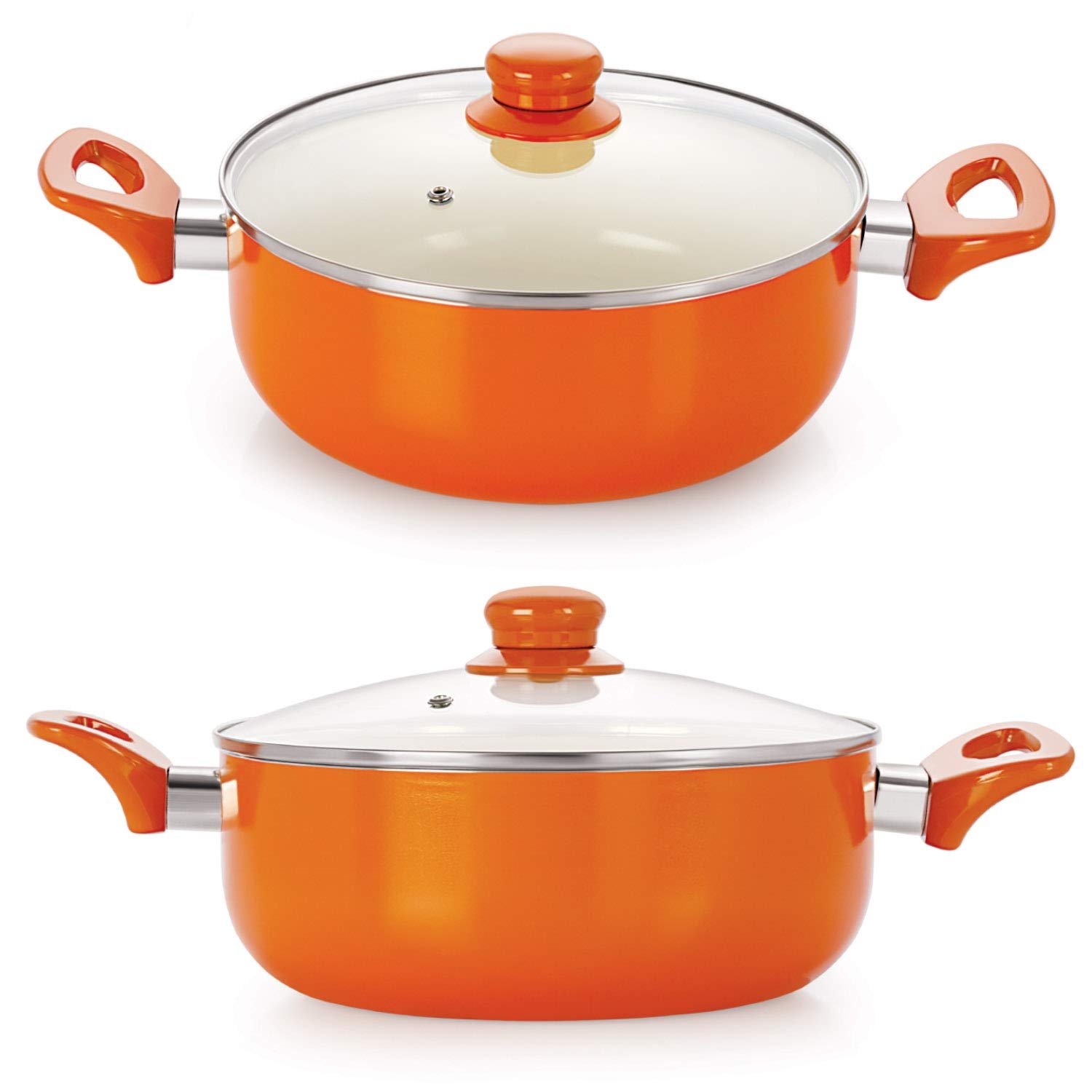 NIRLON Ceramic Non Stick Aluminium Cookware Casserole Set with Glass Lid - Set of 2 (Orange)