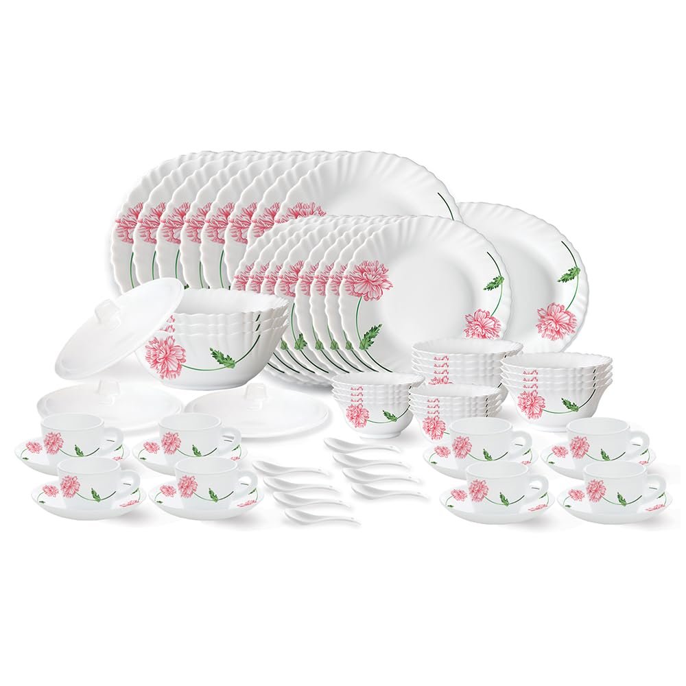 Larah by Borosil Red Mist Fluted Series Opalware Dinner Set | 63 Pieces for Family of 8 | Microwave & Dishwasher Safe | Bone-Ash Free | Crockery Set for Dining & Gifting | Plates & Bowls |