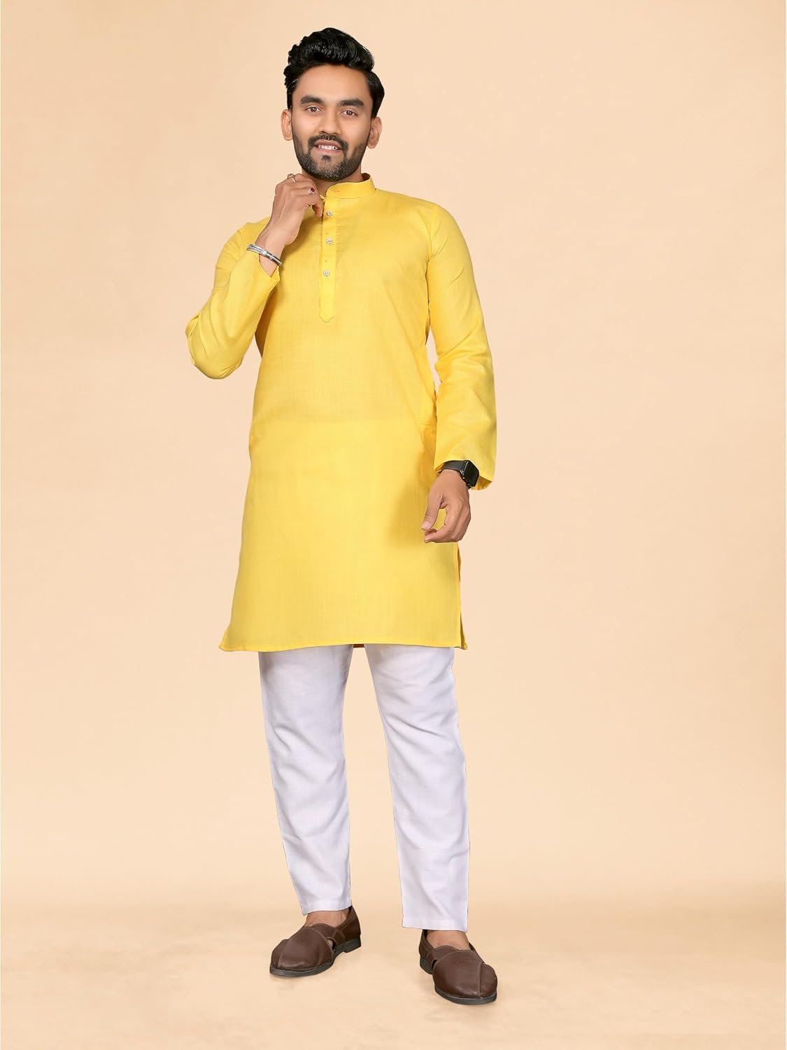 Anand Men's Cotton Blend Chinese Collar Self One Design Full Sleeve Casual Short Kurta - BW_MD_Kurta_Yellow_XL