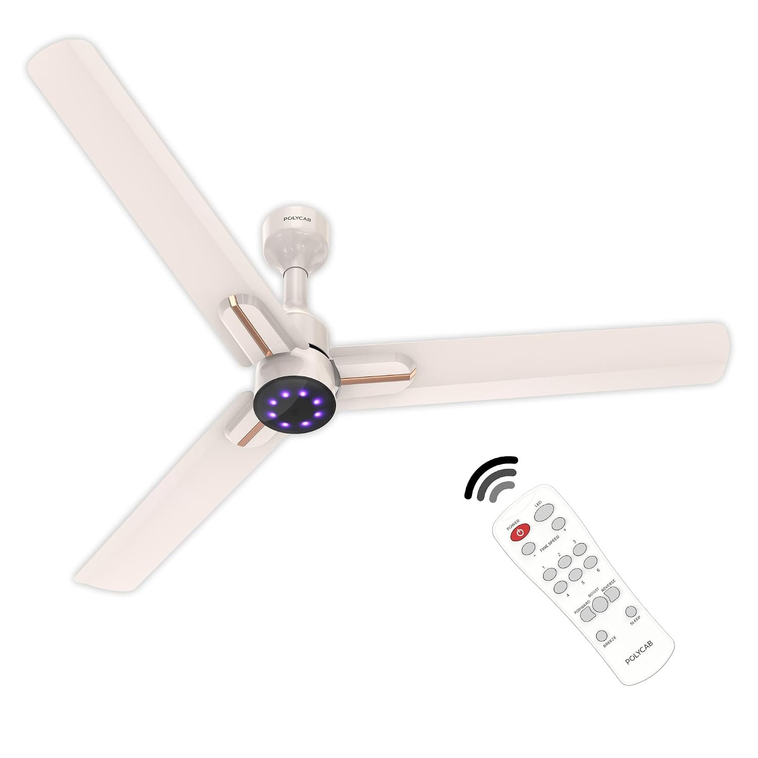 Polycab Wizzy Neo LED 1200mm BLDC Ceiling Fan with remote |BEE 5 Star Rated, Higher Air Delivery|LED Indicator,Reverse,Sleep and Breeze Mode |3 Years Warranty 【Beige Rosegold】