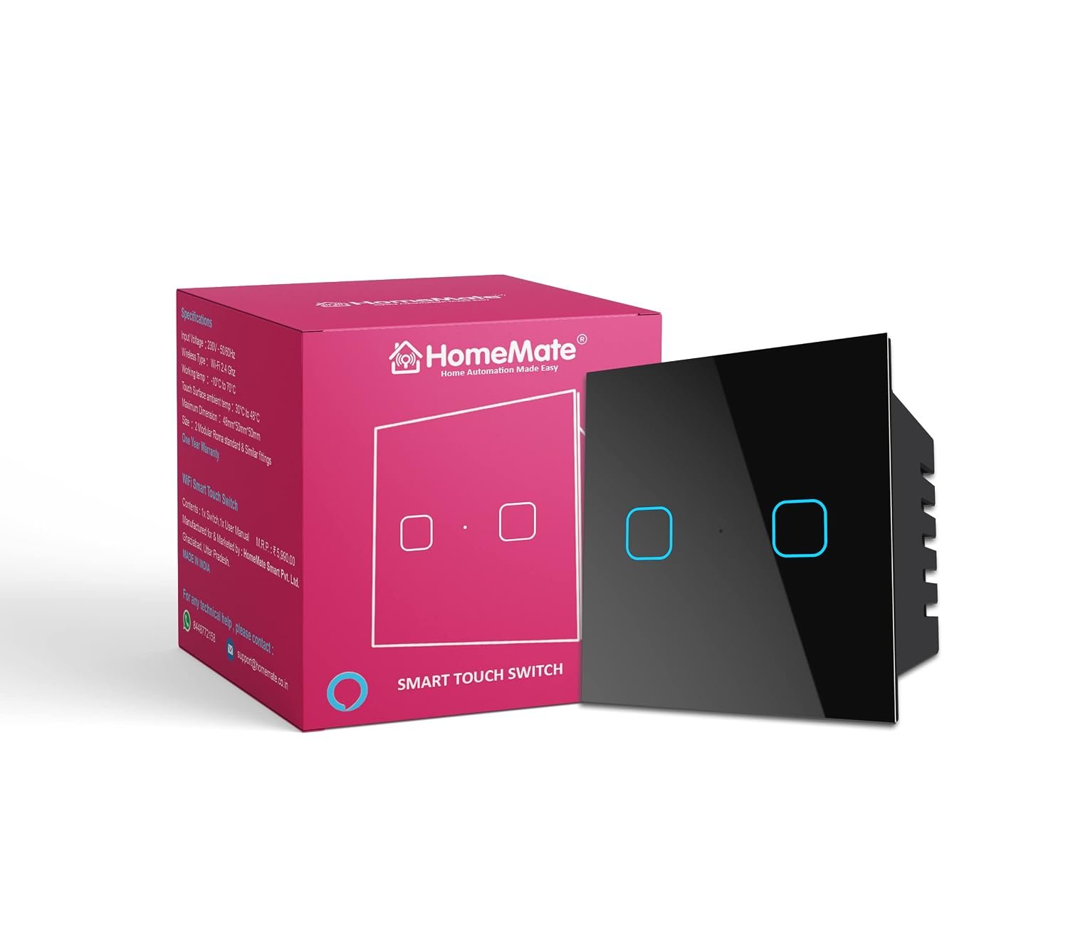 HomeMate® WiFi 2 Gang Touch Switch | No Hub Required | Compatible with Alexa and Google Home | 15 A (1, Black)