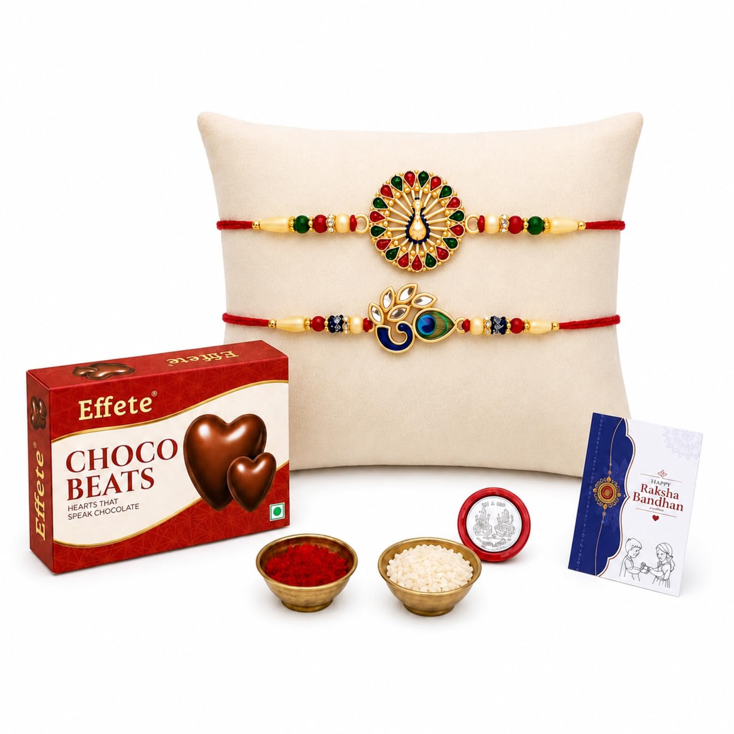 Oblivion Designer Rakhi Set of 2 for Brother – Peacock Design with Choco Beats Chocolate 32gm, Pooja Coin, Roli Chawal & Card | Rakhi with Chocolate Combo for Raksha Bandhan