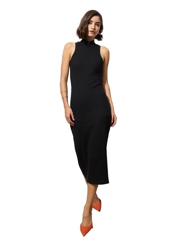 barcino Black Rib Sleeveless Turtle Neck Midi Dress