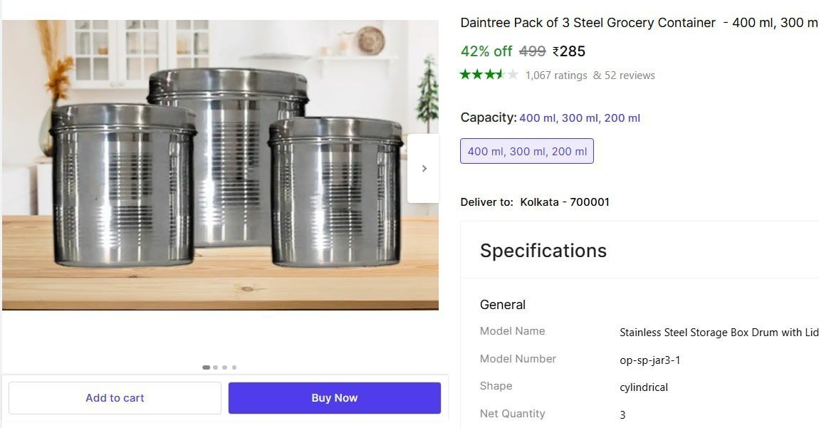 daintree pack 3 steel grocery container 400 ml 300 200 ml silver