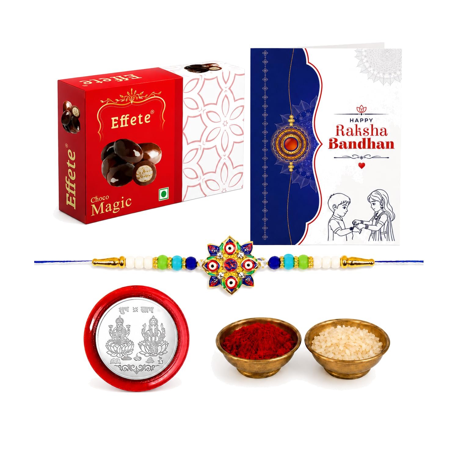 DeoDap Rakhi with Chocolate for Brother – Evil Eye Floral Design Rakhi with Chocolate (32g) with Silver Color Pooja Coin, Greeting Card & Tilak Set – Traditional Raksha Bandhan Pack (K1_1068_EM32)