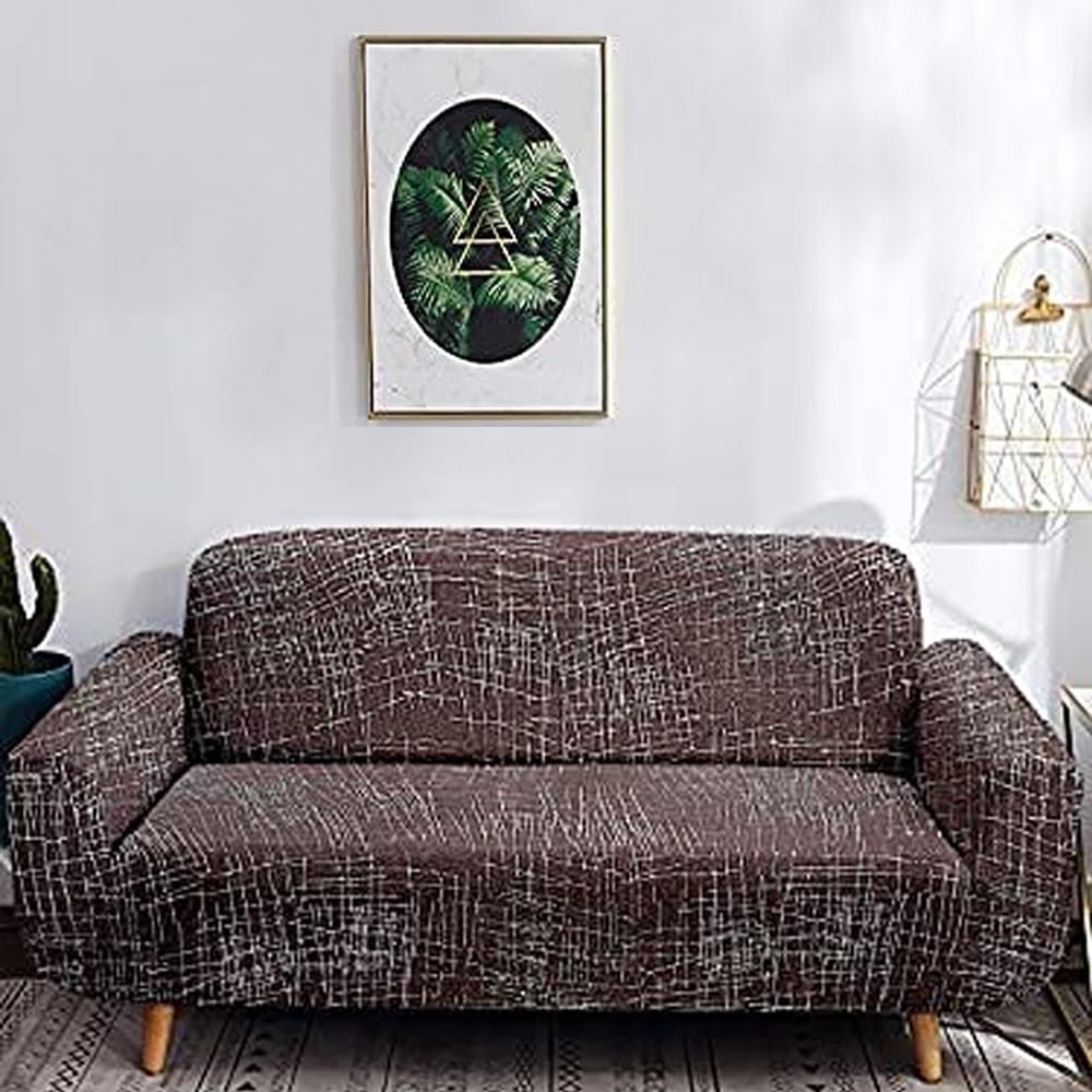 Cortina Polyester Spandex Sofa Cover | Geometry Print | Machine Washable | Couch Covers | Suitable for Home, Office, Functions | Soft and Durable Sofa Cover | Flexible Three Seater | Light Brown