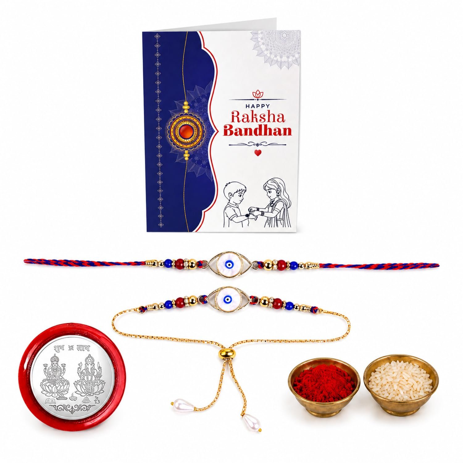 Periapt Rakhi for Bhai Bhabhi – Evil Eye Infinity Design with Beads Rakhi for Bhai & Lumba For Bhabi with Tilak Set, Silver Color Coin & Greeting Card – Traditional Raksha Bandhan Combo Set (K