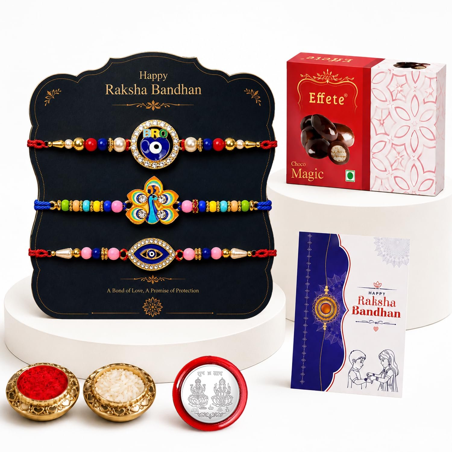 Oblivion Rakhi with Chocolate for Brother – BRO Charm, Peacock & Evil Eye Design Rakhi Combo with Chocolate Magic 32gm, Silver Color Pooja Coin, Greeting Card & Tilak Set (K3_1018+1066+1007_EM