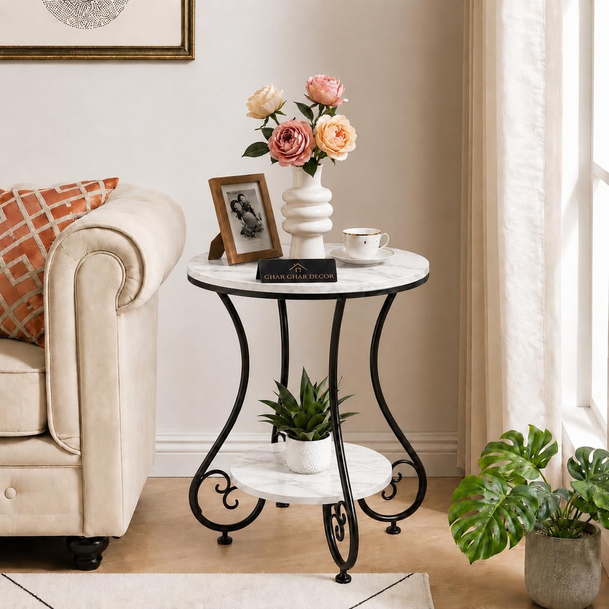 Ghar Ghar Décor Two-Tiered Small Sofa Side End Table with Metal Frame nightstand, and Contemporary Double-top Coffee Table with Rustic Farmhouse Accent for a Multipurpose Living Room or Bedroom B Wht