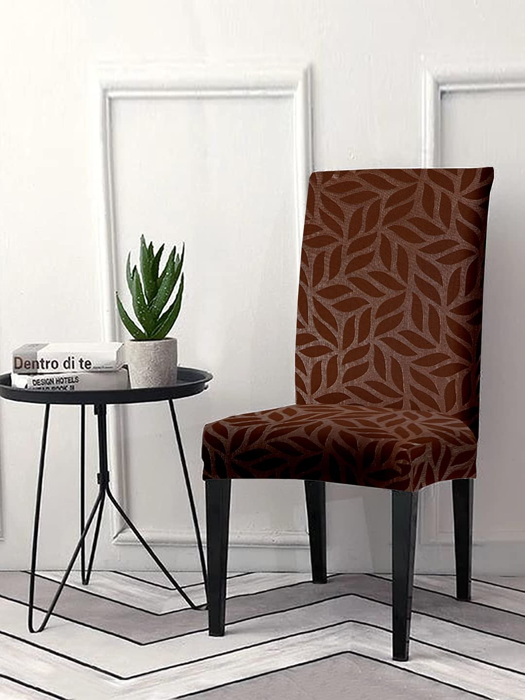 Cortina Polyester Spandex Dining Chair Cover, Stretchable & Washable Slipcover, Emboss Design, Brown (Set of 1)